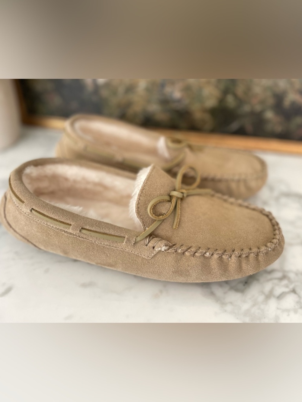 Quince Australian Shearling Moccasin Slipper Tan Suede Size 10 - Picture 3 of 12